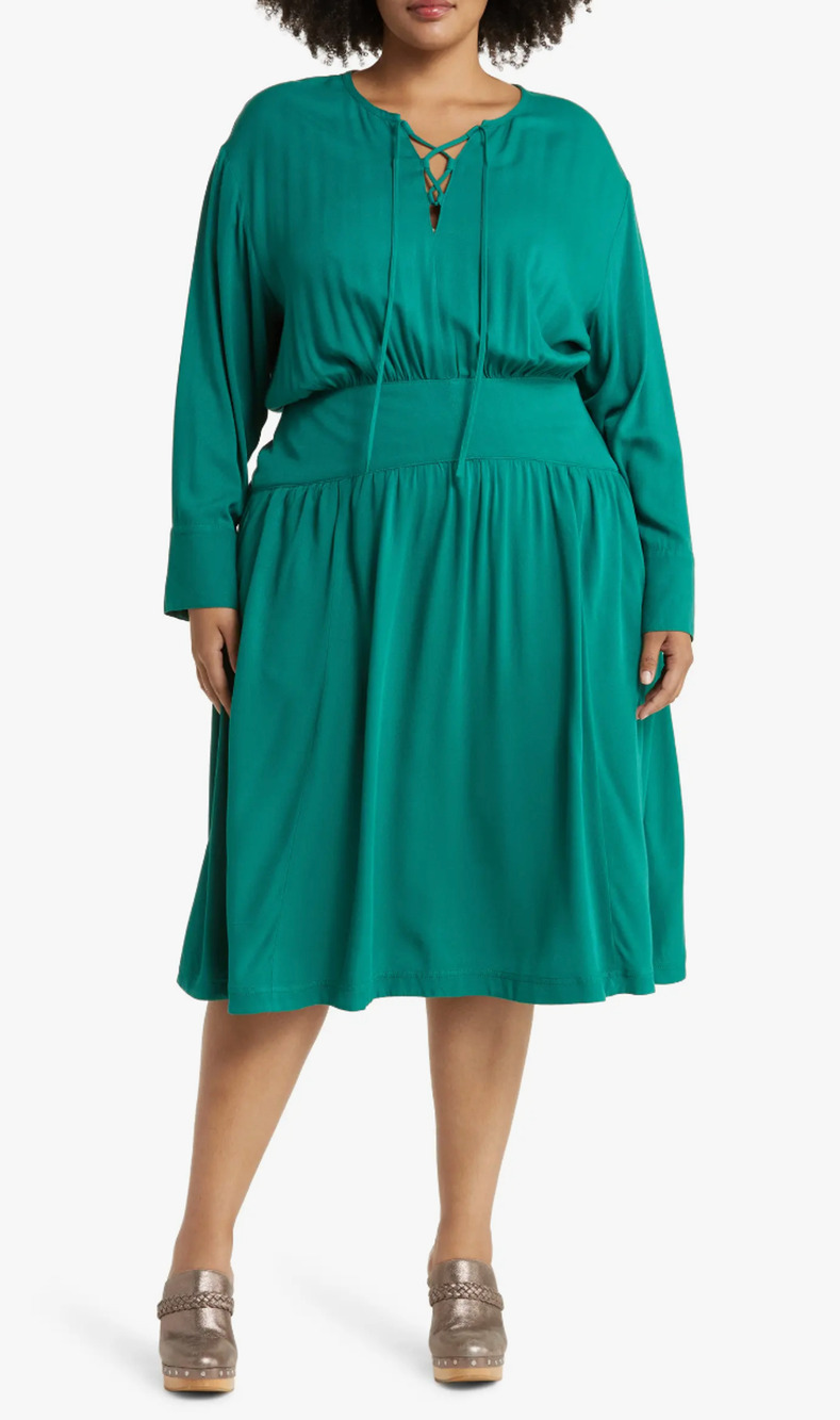 Treasure & Bond Lace Up Front Long Sleeve Midi Dress Green Size XL Flowy Pockets